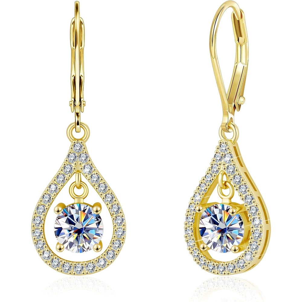 Moissanite Dangle Earrings Teardrop Leverback Drop Earrings for Women 2ct(Gold 2.0ct(1ct*2))