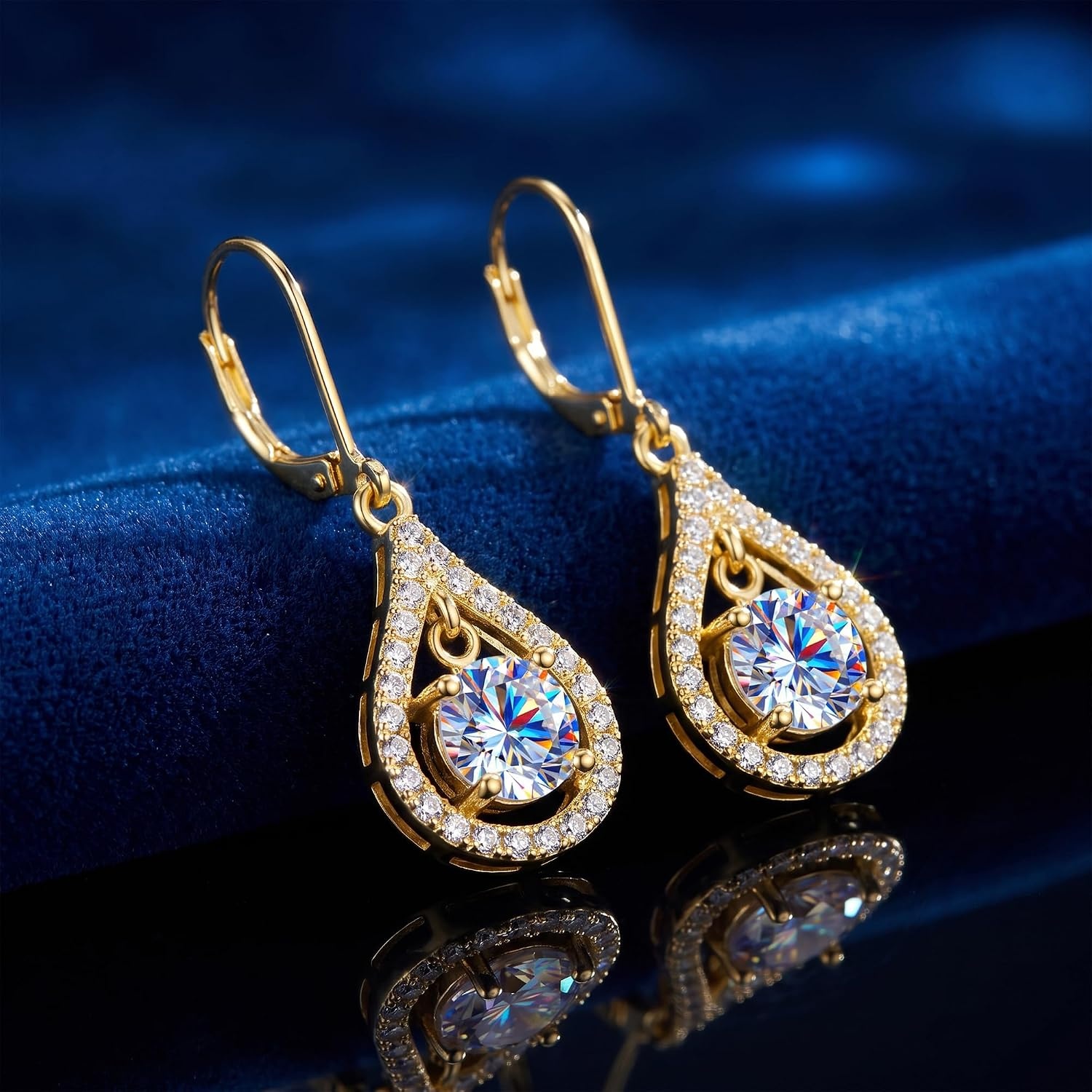 Moissanite Dangle Earrings Teardrop Leverback Drop Earrings for Women 2ct(Gold 2.0ct(1ct*2))