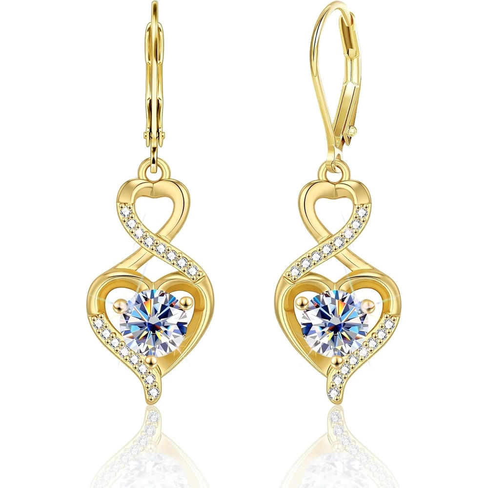 Heart Moissanite Earrings for Women, Silver 14K Gold Plated Dangle Infinity Love Earrings 2.0ct D Color Round Cut Lab Created Moissanite Heart Shape Diamond Dangle Drops Earring for Women Jewelry Gifts in Box(Gold 1 carat * 2)