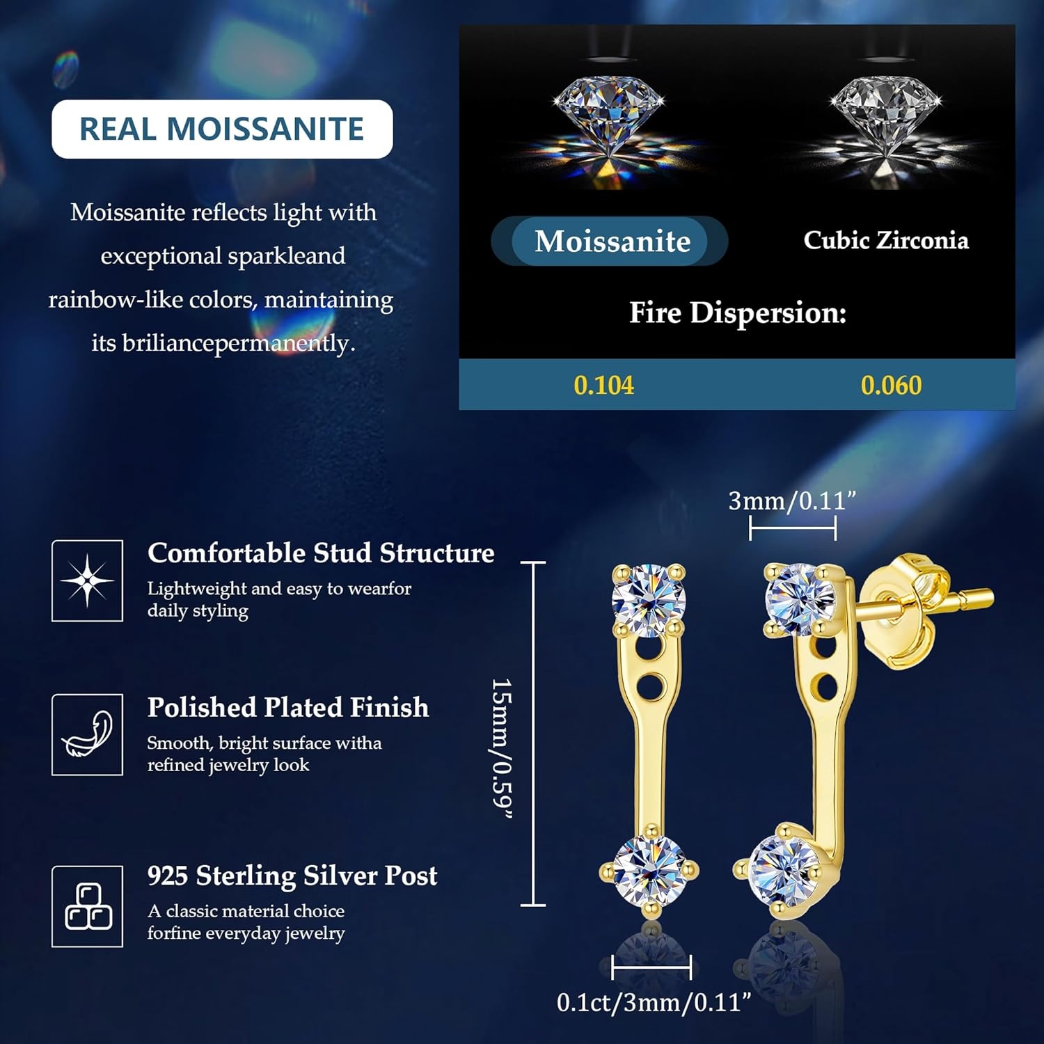 Moissanite Earrings Jacket for Women,925 Sterling Silver Diamond Stud Earrings Hypoallergenic 14k Gold Moissanite Earring Jackets for Studs Jewelry Gifts Lab Created Diamonds D Color VVS1(GoldA-0.4ct(0.1*4))