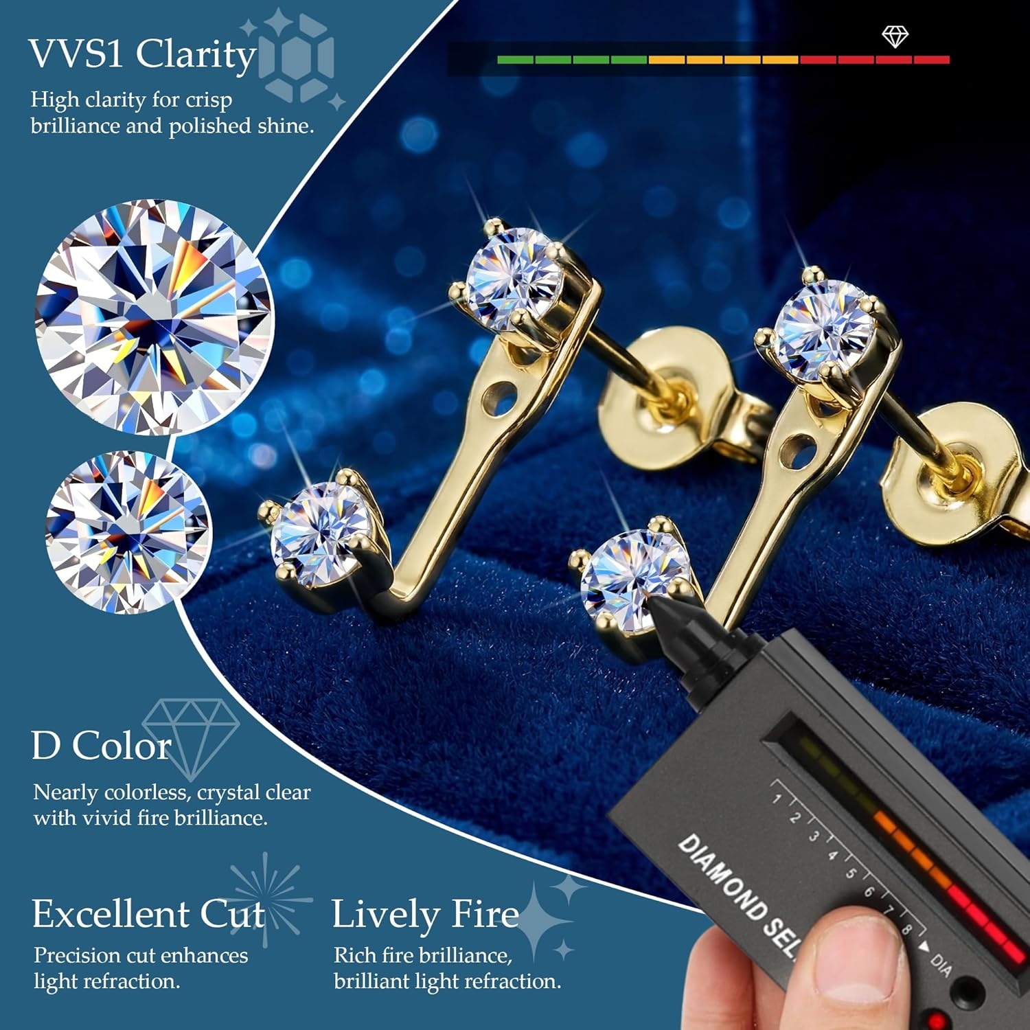Moissanite Earrings Jacket for Women,925 Sterling Silver Diamond Stud Earrings Hypoallergenic 14k Gold Moissanite Earring Jackets for Studs Jewelry Gifts Lab Created Diamonds D Color VVS1(GoldA-0.4ct(0.1*4))