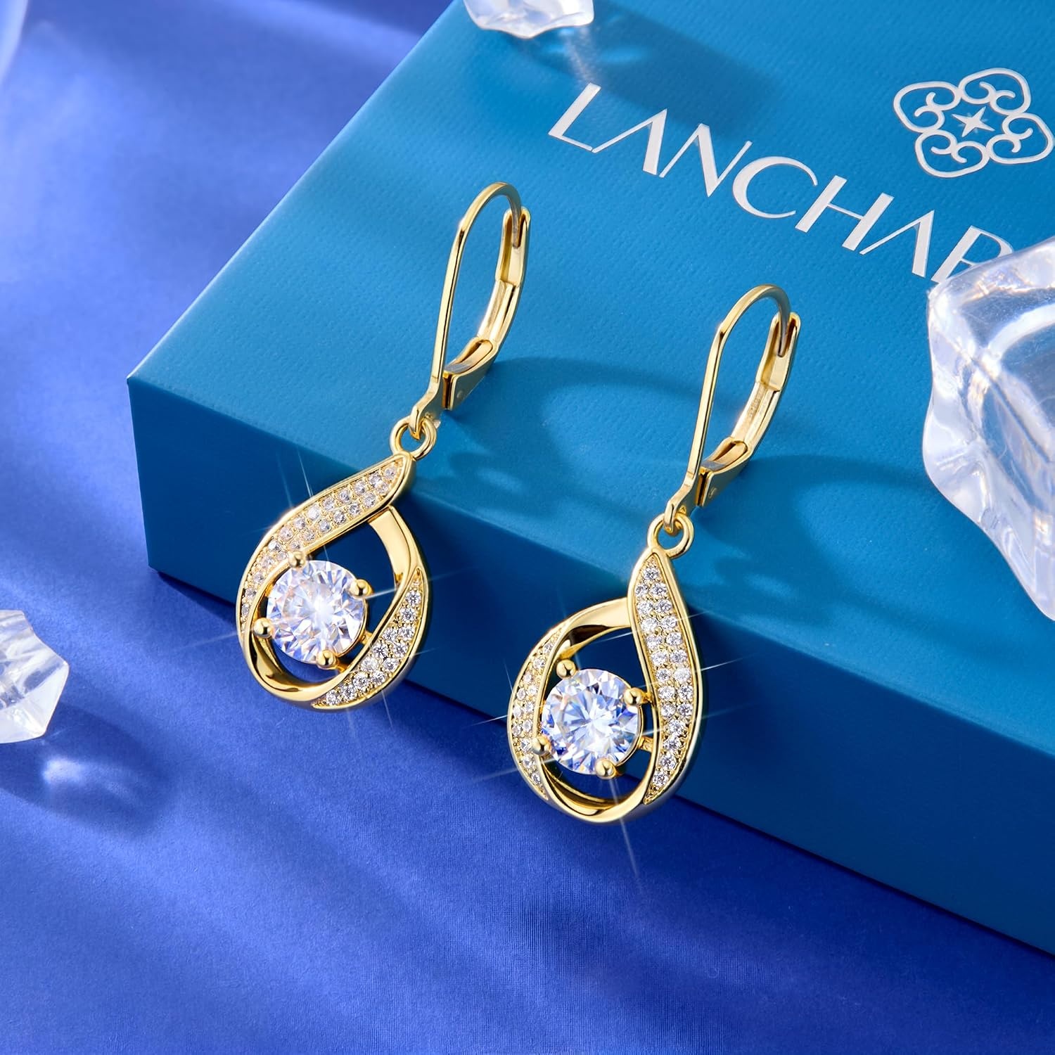 2ct Moissanite Drop Earrings for Women Moissanite Dangle Earrings | VVS1 Moissanite Lab Grown Created Diamond Dangling D Color Round Cut Dangly Leverback Hypoallergenic Trendy Jewelry Gifts(Gold 2.0ct(1ct*2))