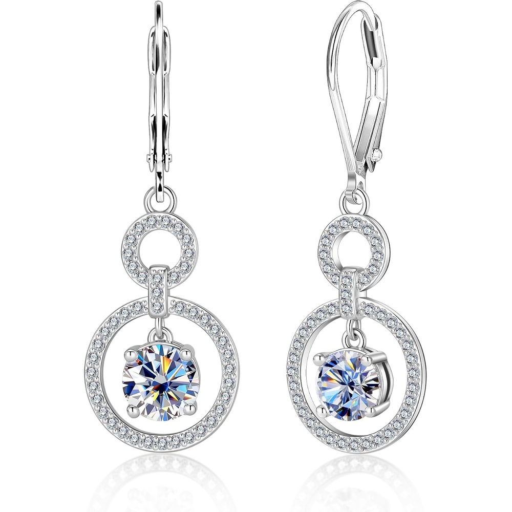 Moissanite Dangle Earrings for Women Diamond Disc Drop Jewelry in Gifts Box | Hypoallergenic 2ct D Color Cut Lab Created Moissanite 14K Gold & Silver Circle Leverback Earring for Daily Wear, Anniversary(Silver_2.0CT(1.5ct*2))