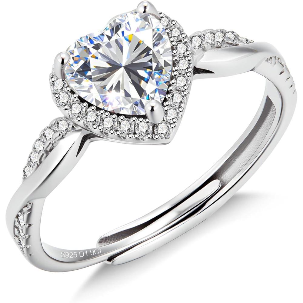 LANCHARMED Moissanite Wedding Rings for Women 925 Sterling Silver Rings with White Gold Plated Eternity Stackable Lab Created Moissanite Engagement Rings Heart Ring