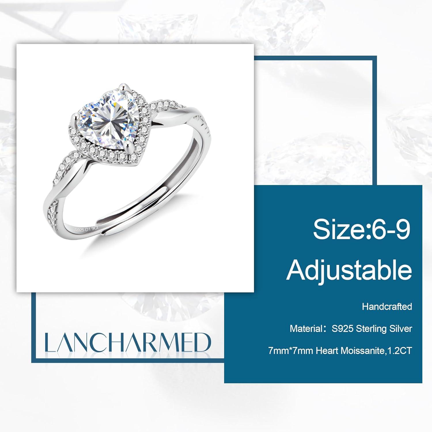 LANCHARMED Moissanite Wedding Rings for Women 925 Sterling Silver Rings with White Gold Plated Eternity Stackable Lab Created Moissanite Engagement Rings Heart Ring