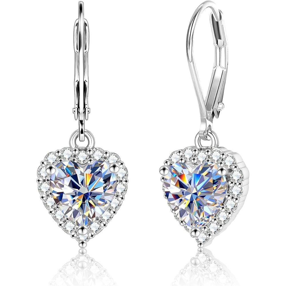 Moissanite Earrings for Women, 2.0ct 14K Gold Heart Dangle Earrings, 925 Sterling Silver Leverback Hypoallergenic D Color Lab Created Moissanite Dangly Drop Earring for Women Trendy Jewelry Gifts(Silver 2.0ct(1ct*2))