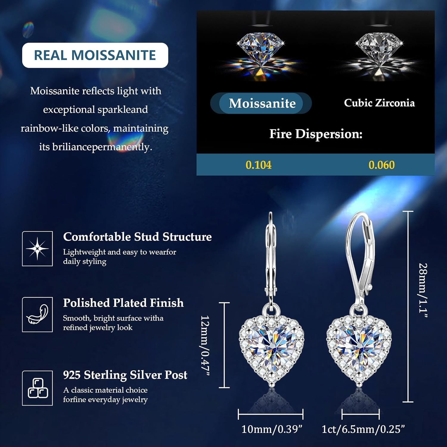 Moissanite Earrings for Women, 2.0ct 14K Gold Heart Dangle Earrings, 925 Sterling Silver Leverback Hypoallergenic D Color Lab Created Moissanite Dangly Drop Earring for Women Trendy Jewelry Gifts(Silver 2.0ct(1ct*2))