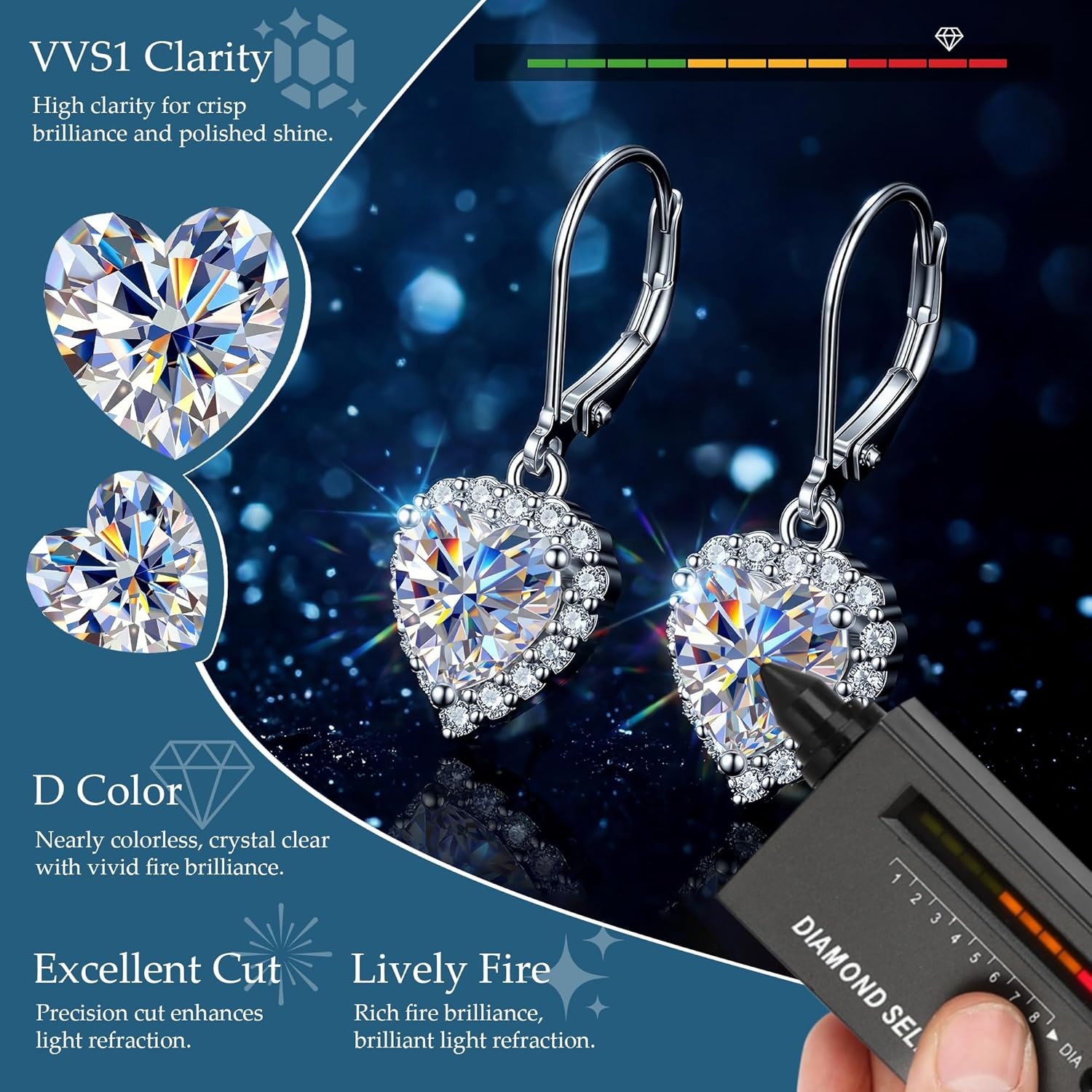 Moissanite Earrings for Women, 2.0ct 14K Gold Heart Dangle Earrings, 925 Sterling Silver Leverback Hypoallergenic D Color Lab Created Moissanite Dangly Drop Earring for Women Trendy Jewelry Gifts(Silver 2.0ct(1ct*2))