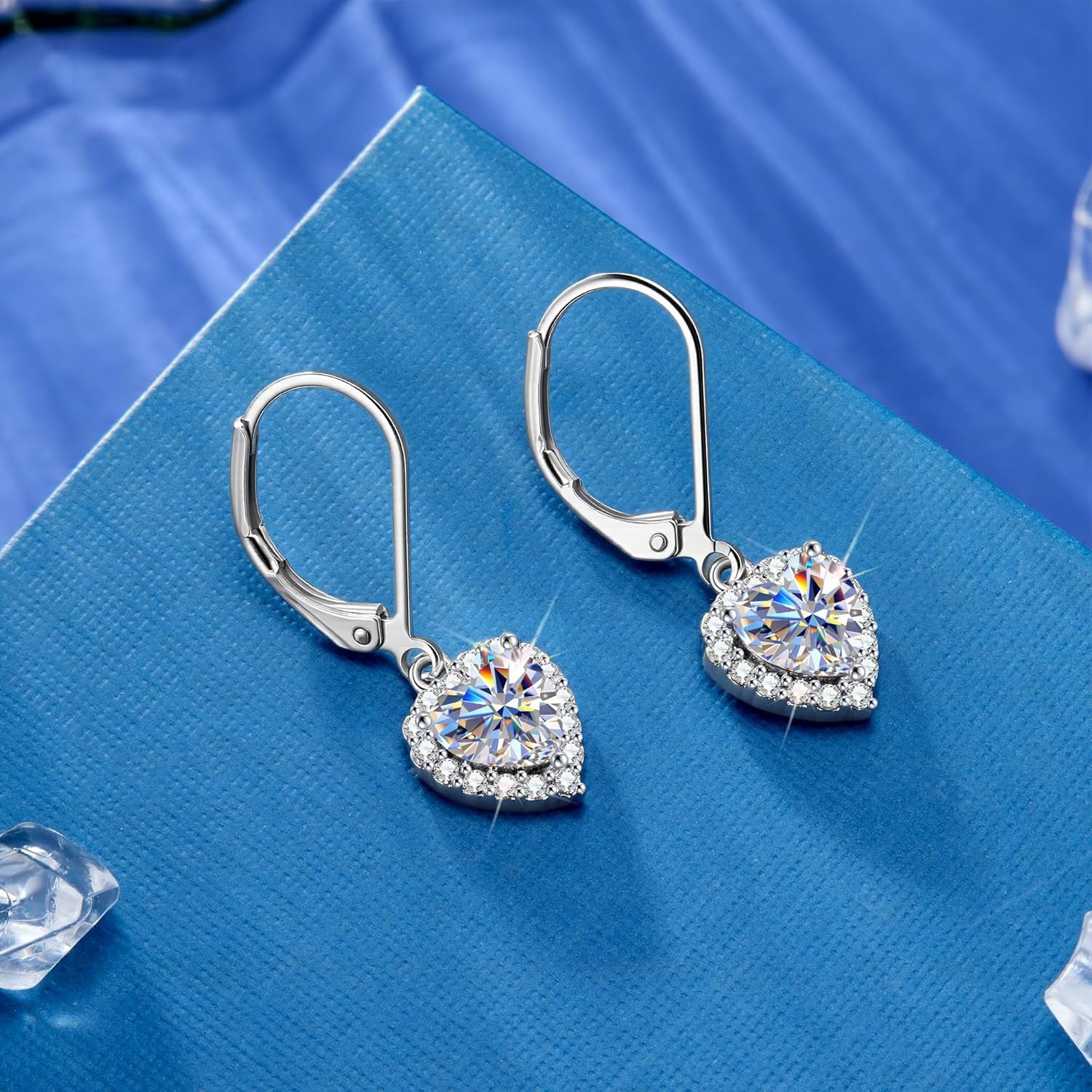 Moissanite Earrings for Women, 2.0ct 14K Gold Heart Dangle Earrings, 925 Sterling Silver Leverback Hypoallergenic D Color Lab Created Moissanite Dangly Drop Earring for Women Trendy Jewelry Gifts(Silver 2.0ct(1ct*2))