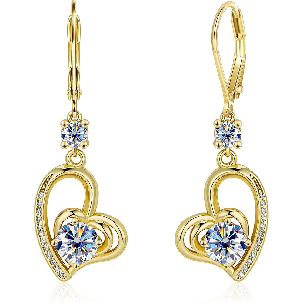2ct Monissanite Earrings for Women D Color Lab Created Gold Heart Dangle Monissanite Drop Earrings Hypoallergenic French Leverback(Gold-1ct x 2)