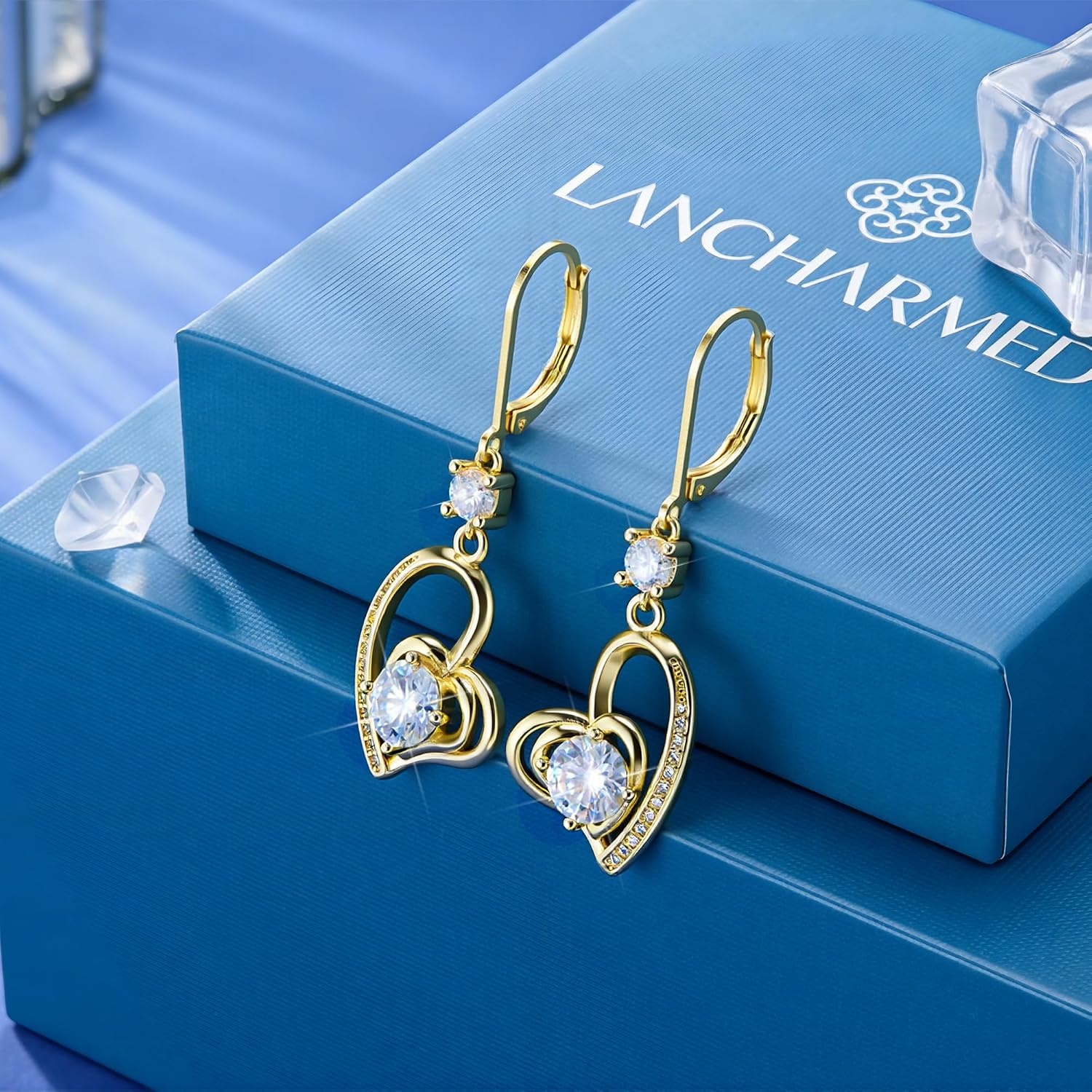2ct Monissanite Earrings for Women D Color Lab Created Gold Heart Dangle Monissanite Drop Earrings Hypoallergenic French Leverback(Gold-1ct x 2)