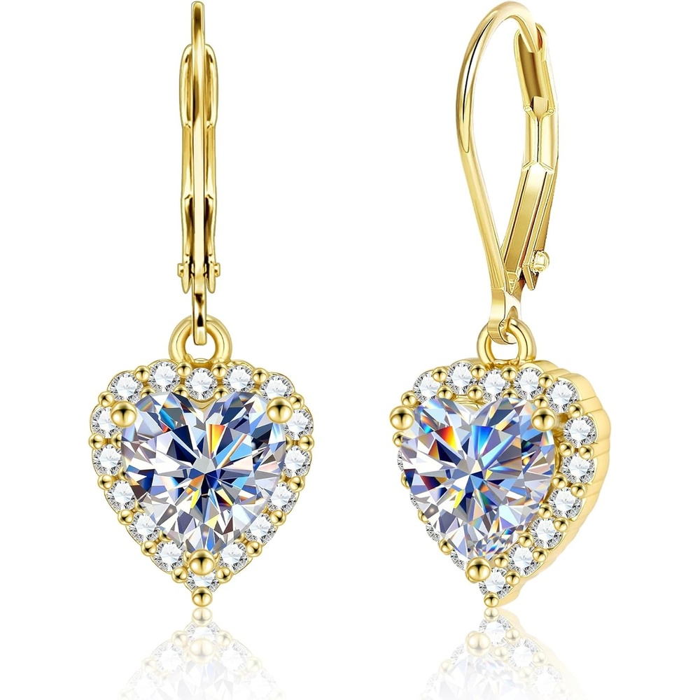 Moissanite Earrings for Women, 2.0ct 14K Gold Heart Dangle Earrings, 925 Sterling Silver Leverback Hypoallergenic D Color Lab Created Moissanite Dangly Drop Earring for Women Trendy Jewelry Gifts(Gold 2.0ct(1ct*2))