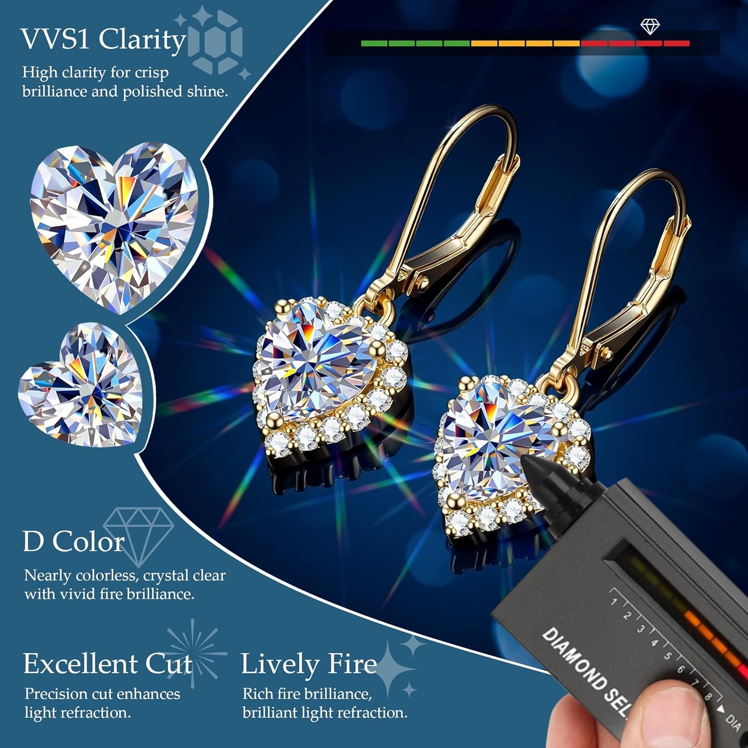 Moissanite Earrings for Women, 2.0ct 14K Gold Heart Dangle Earrings, 925 Sterling Silver Leverback Hypoallergenic D Color Lab Created Moissanite Dangly Drop Earring for Women Trendy Jewelry Gifts(Gold 2.0ct(1ct*2))