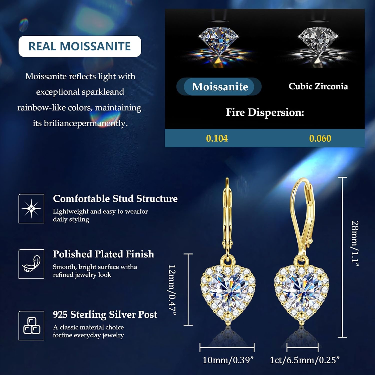 Moissanite Earrings for Women, 2.0ct 14K Gold Heart Dangle Earrings, 925 Sterling Silver Leverback Hypoallergenic D Color Lab Created Moissanite Dangly Drop Earring for Women Trendy Jewelry Gifts(Gold 2.0ct(1ct*2))