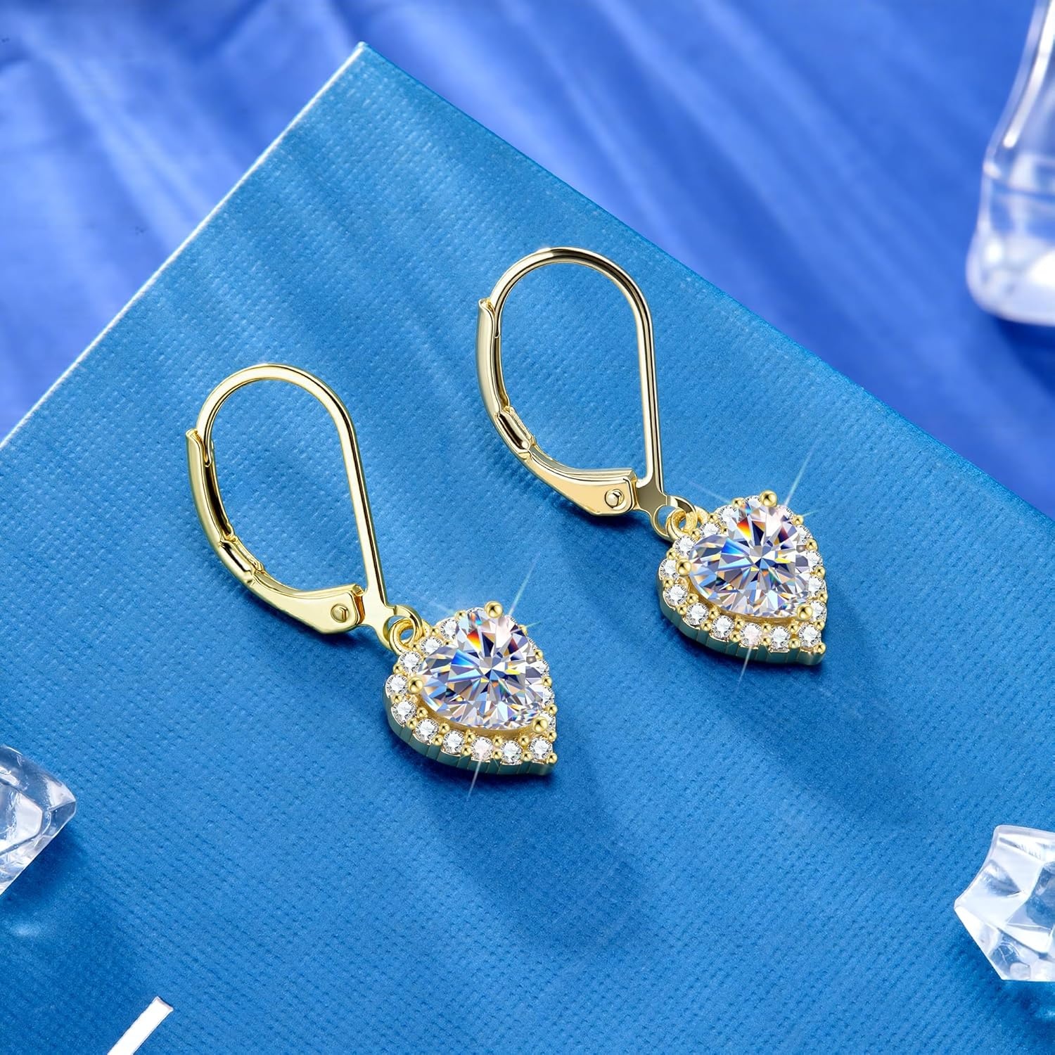 Moissanite Earrings for Women, 2.0ct 14K Gold Heart Dangle Earrings, 925 Sterling Silver Leverback Hypoallergenic D Color Lab Created Moissanite Dangly Drop Earring for Women Trendy Jewelry Gifts(Gold 2.0ct(1ct*2))