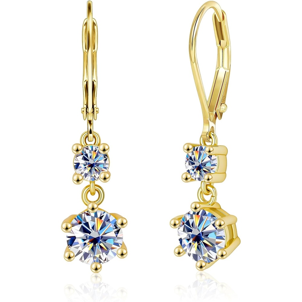Moissanite Earrings for Women, 2.6ct 14K Gold Dangle Earrings, 925 Sterling Silver Leverback Hypoallergenic D Color Round Cut Lab Created Moissanite Dangly Drop Earring for Women Trendy Jewelry Gifts(Gold 2.6ct((1+0.3ct)*2))