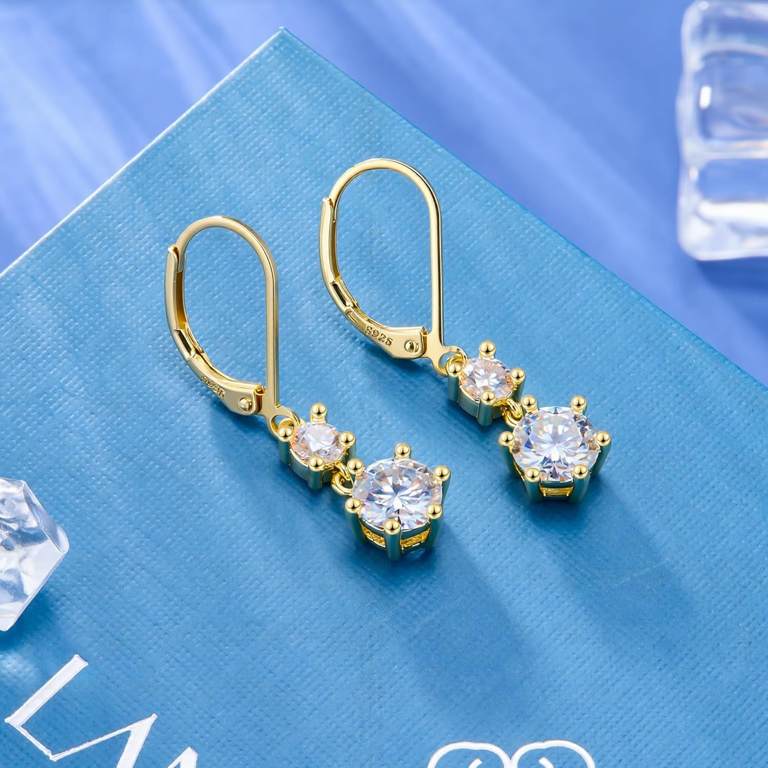 Moissanite Earrings for Women, 2.6ct 14K Gold Dangle Earrings, 925 Sterling Silver Leverback Hypoallergenic D Color Round Cut Lab Created Moissanite Dangly Drop Earring for Women Trendy Jewelry Gifts(Gold 2.6ct((1+0.3ct)*2))
