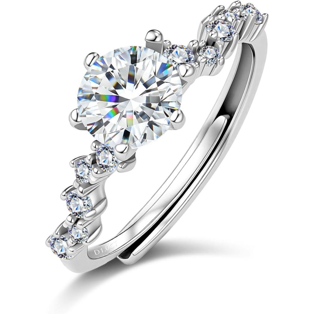 Moissanite Engagement Ring, 1 CT Round Moissanite Wedding Rings with White Gold Plated, 925 Sterling Silver Promise Anniversary D Color VVS1 Adjustable Bride Band Rings for Women Size 7-9