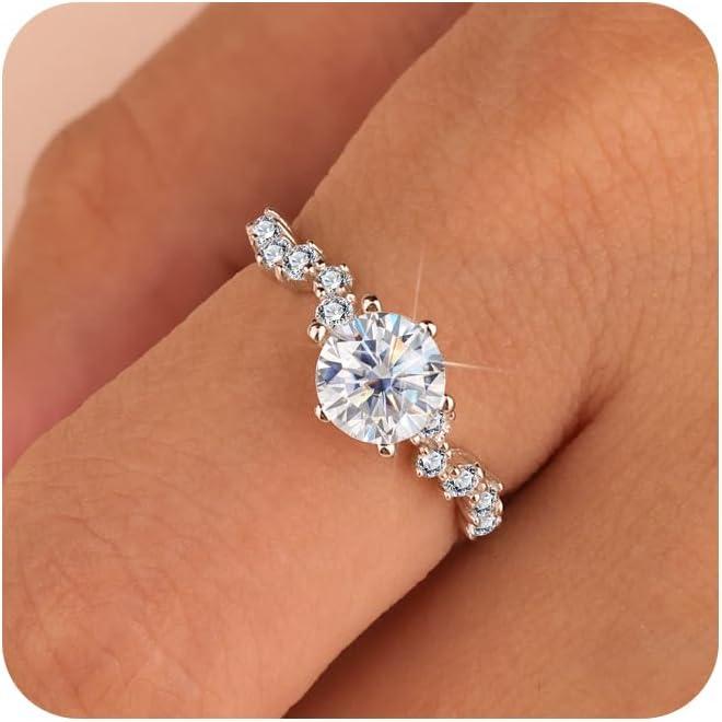Moissanite Engagement Ring, 1 CT Round Moissanite Wedding Rings with White Gold Plated, 925 Sterling Silver Promise Anniversary D Color VVS1 Adjustable Bride Band Rings for Women Size 7-9
