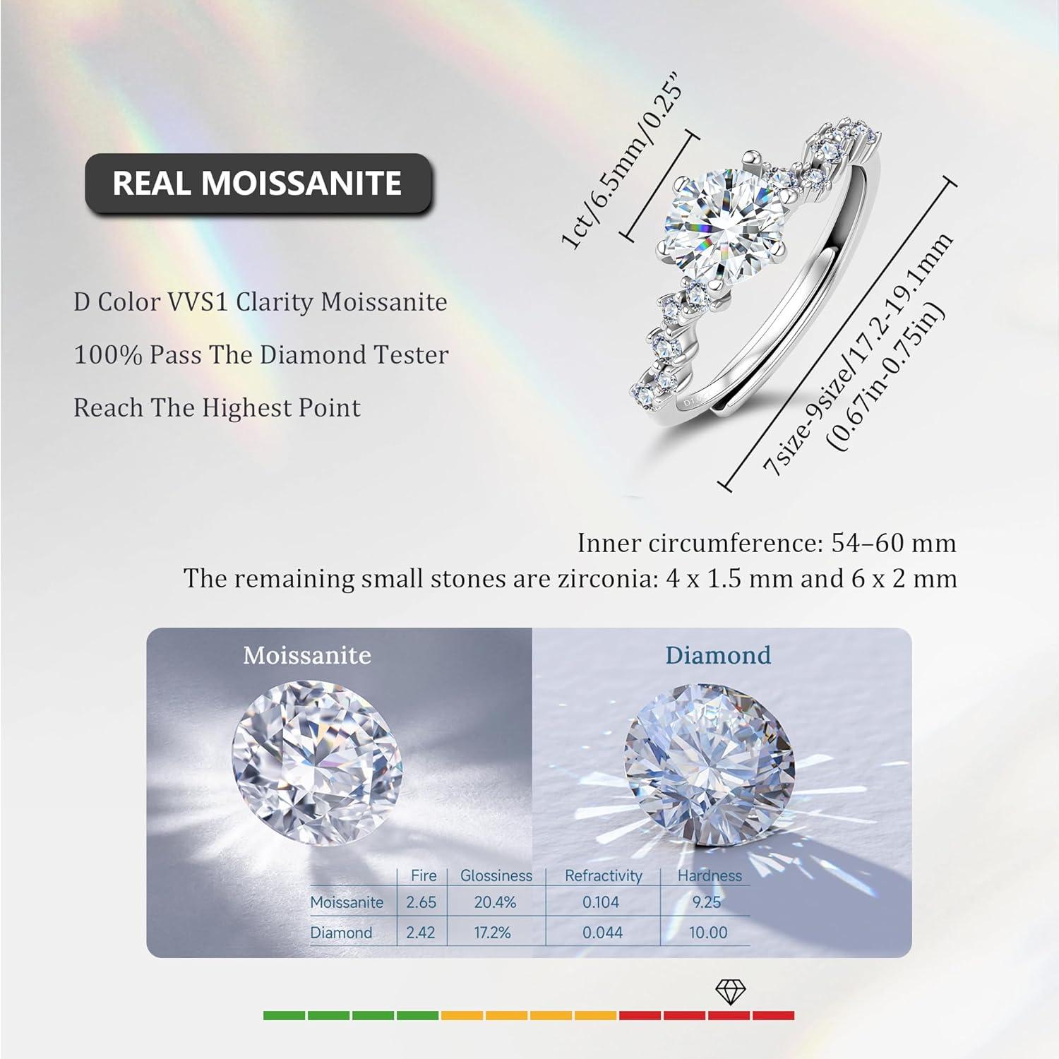 Moissanite Engagement Ring, 1 CT Round Moissanite Wedding Rings with White Gold Plated, 925 Sterling Silver Promise Anniversary D Color VVS1 Adjustable Bride Band Rings for Women Size 7-9
