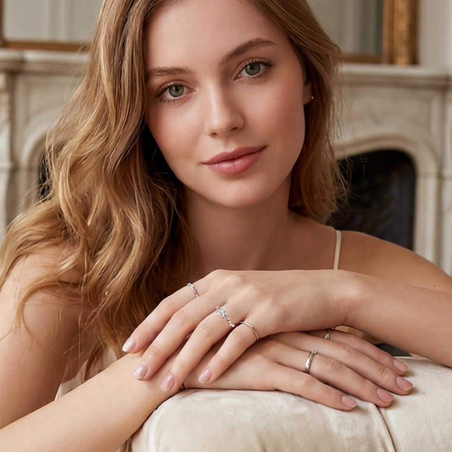 Moissanite Engagement Ring, 1 CT Round Moissanite Wedding Rings with White Gold Plated, 925 Sterling Silver Promise Anniversary D Color VVS1 Adjustable Bride Band Rings for Women Size 7-9