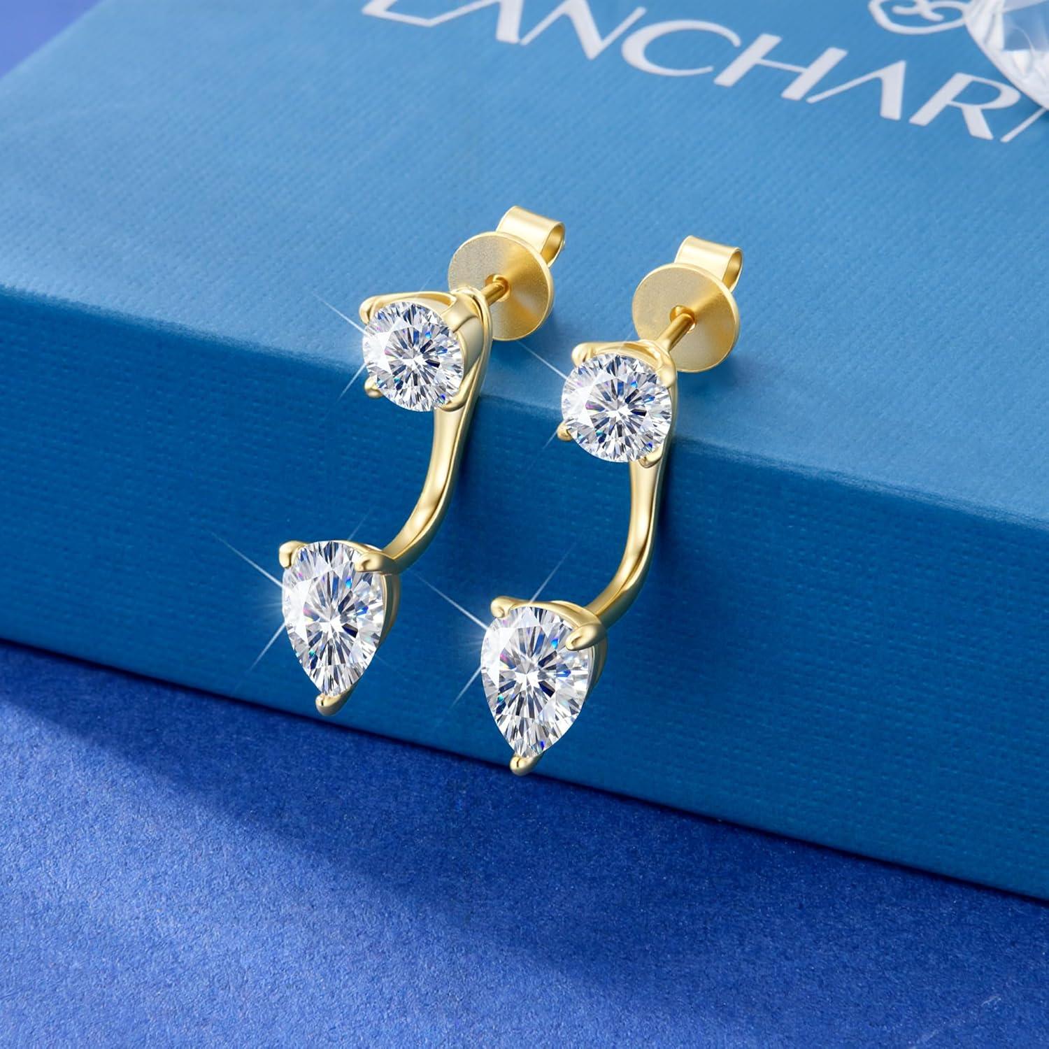 Moissanite Earrings Jacket for Women 2.6 Carat 925 Sterling Silver Teardrop Diamond Stud Earrings Moissanite Earring Jackets for Studs Jewelry Gifts Lab Created Diamonds D Color VVS1(14K Gold)