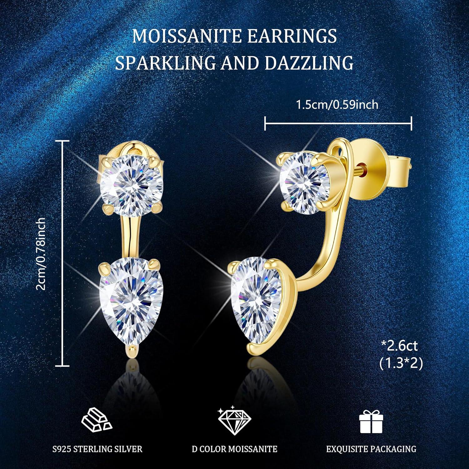 Moissanite Earrings Jacket for Women 2.6 Carat 925 Sterling Silver Teardrop Diamond Stud Earrings Moissanite Earring Jackets for Studs Jewelry Gifts Lab Created Diamonds D Color VVS1(14K Gold)