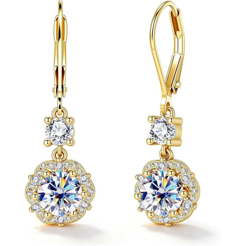2ct Monissanite Dangle Earrings for Women D Color Lab Created Moissanite Drop Earrings Hypoallergenic French Leverback(Gold-1ct x 2)