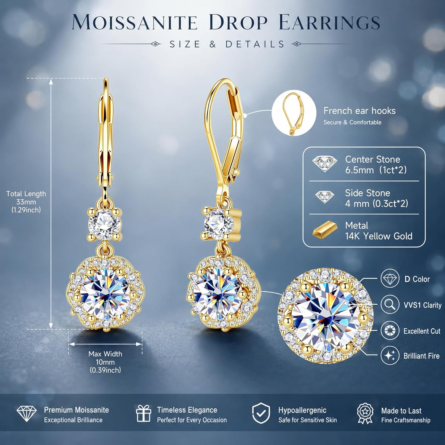 2ct Monissanite Dangle Earrings for Women D Color Lab Created Moissanite Drop Earrings Hypoallergenic French Leverback(Gold-1ct x 2)
