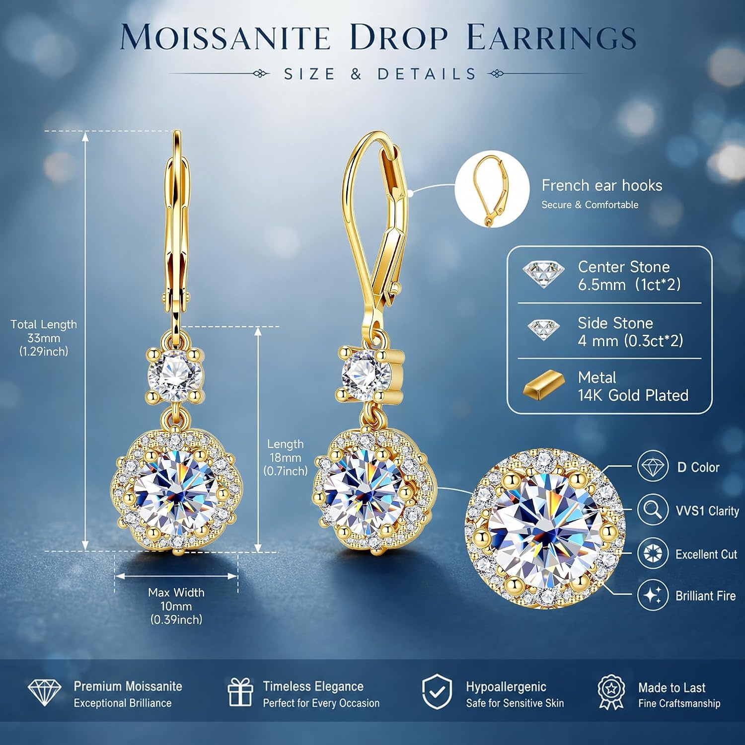 2ct Monissanite Dangle Earrings for Women Moissanite Drop Earrings(Gold-1ct x 2)