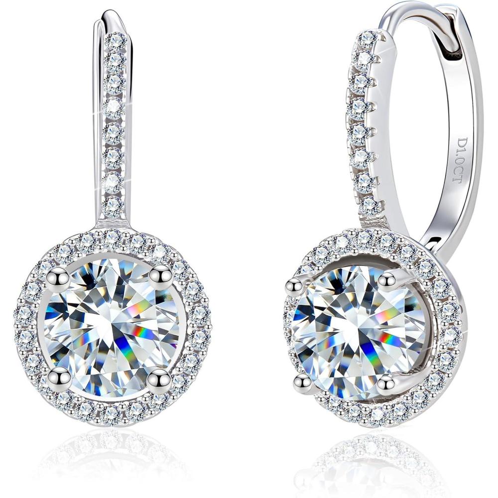 Moissanite Earrings, Hypoallergenic 925 Sterling Silver Dangle Earrings 2.0ct (1.0ct*2) Round Cut Lab Created D Color Moissanite Gold Hoop Drop Earring for Women(Silver-B)