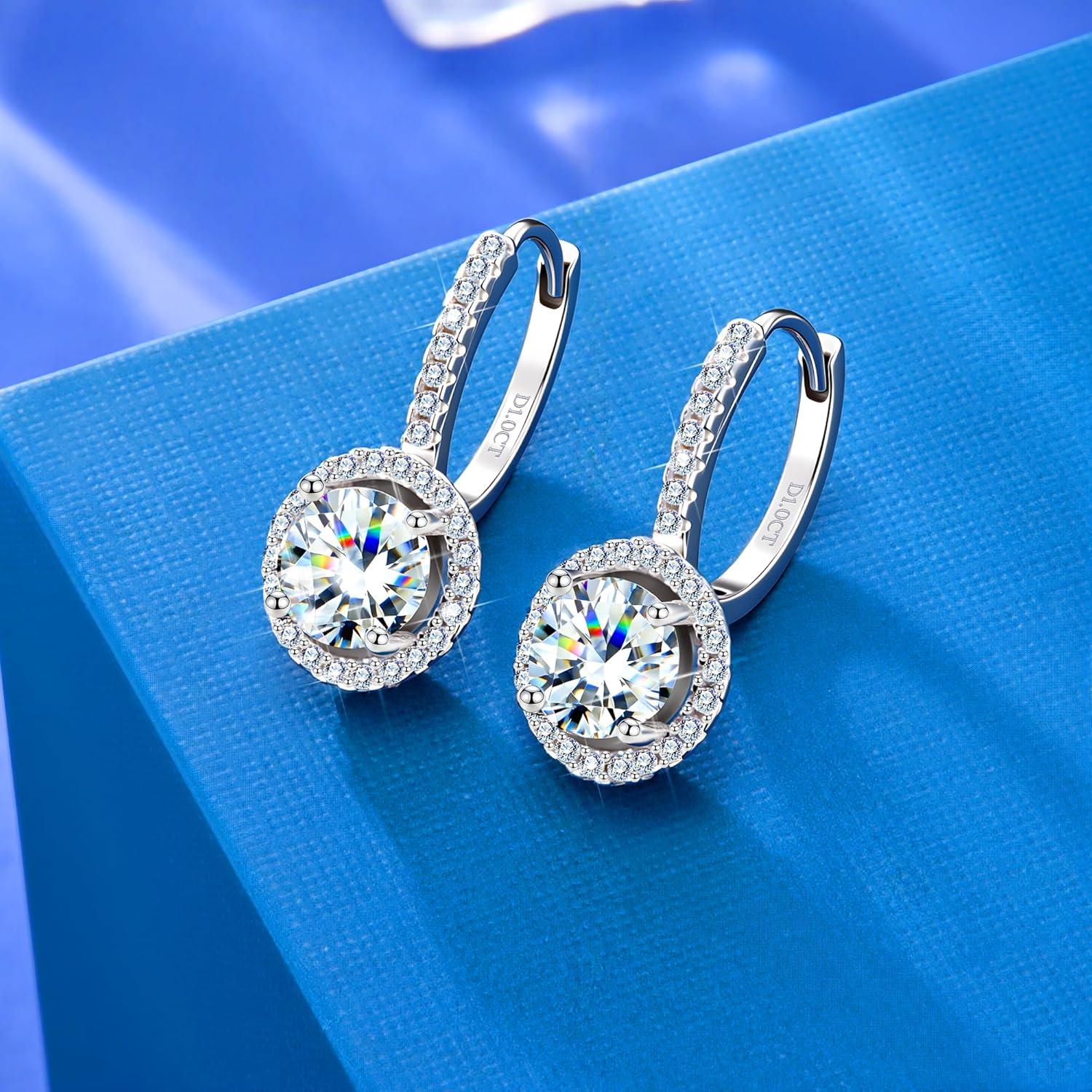 Moissanite Earrings, Hypoallergenic 925 Sterling Silver Dangle Earrings 2.0ct (1.0ct*2) Round Cut Lab Created D Color Moissanite Gold Hoop Drop Earring for Women(Silver-B)