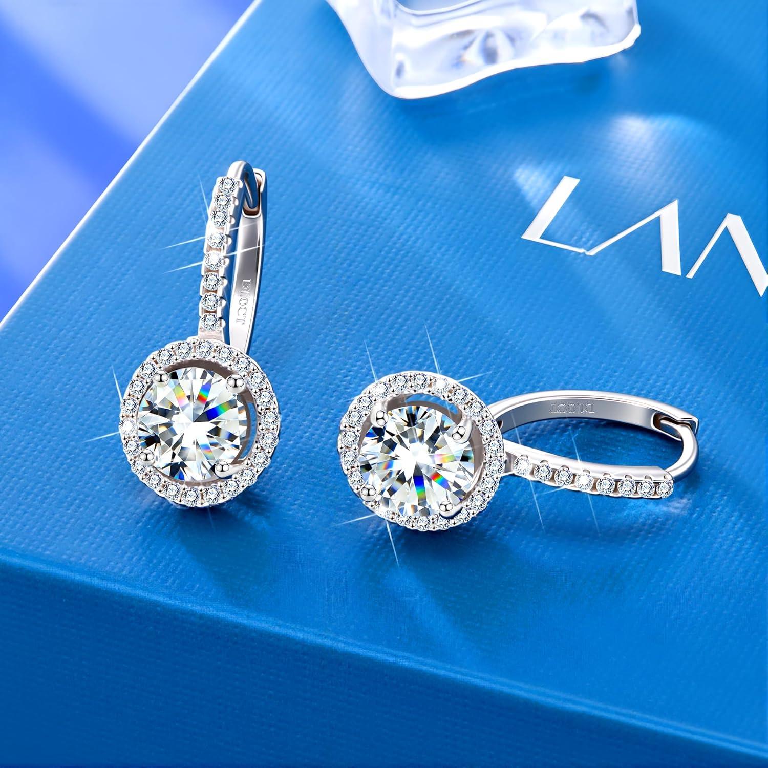 Moissanite Earrings, Hypoallergenic 925 Sterling Silver Dangle Earrings 2.0ct (1.0ct*2) Round Cut Lab Created D Color Moissanite Gold Hoop Drop Earring for Women(Silver-B)