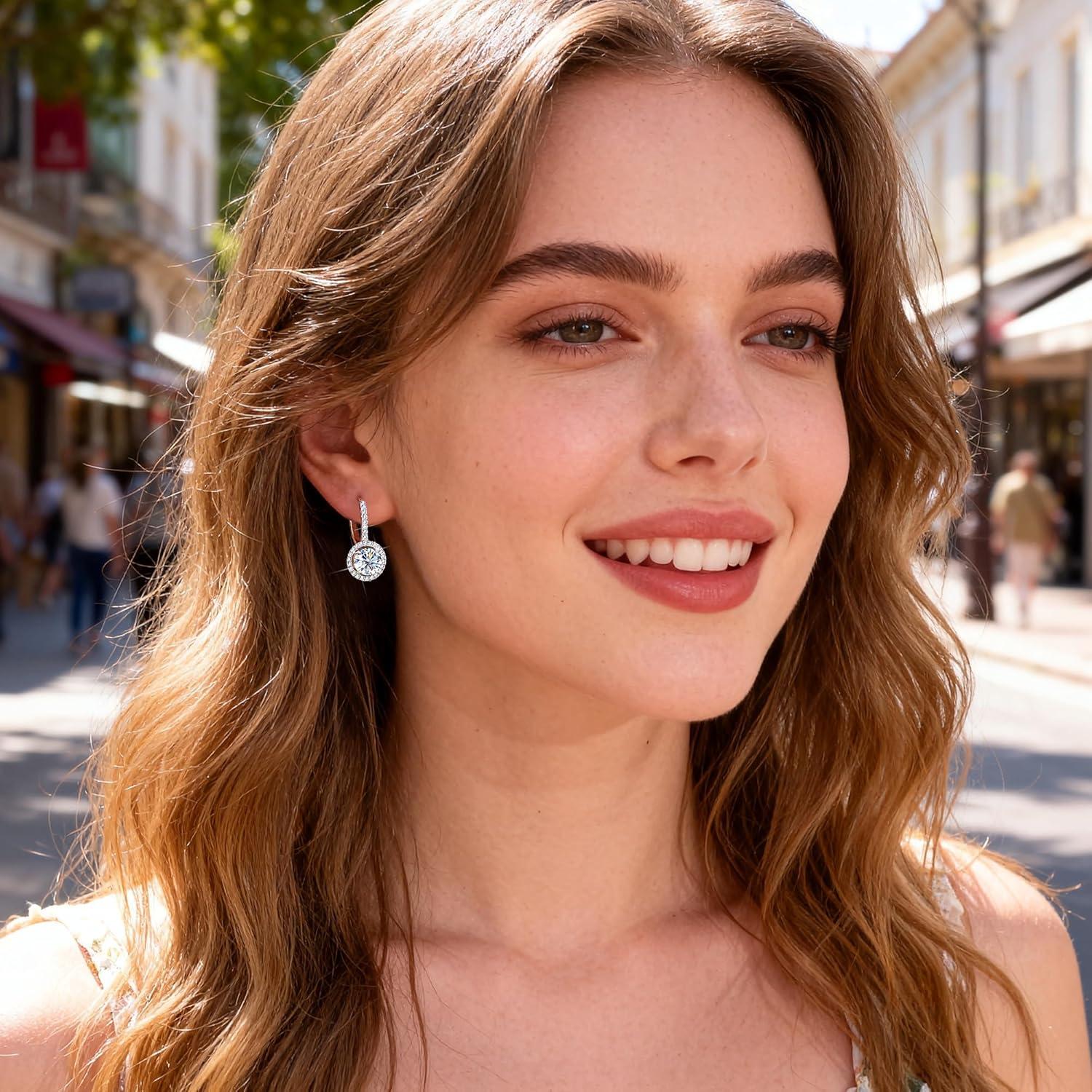 Moissanite Earrings, Hypoallergenic 925 Sterling Silver Dangle Earrings 2.0ct (1.0ct*2) Round Cut Lab Created D Color Moissanite Gold Hoop Drop Earring for Women(Silver-B)