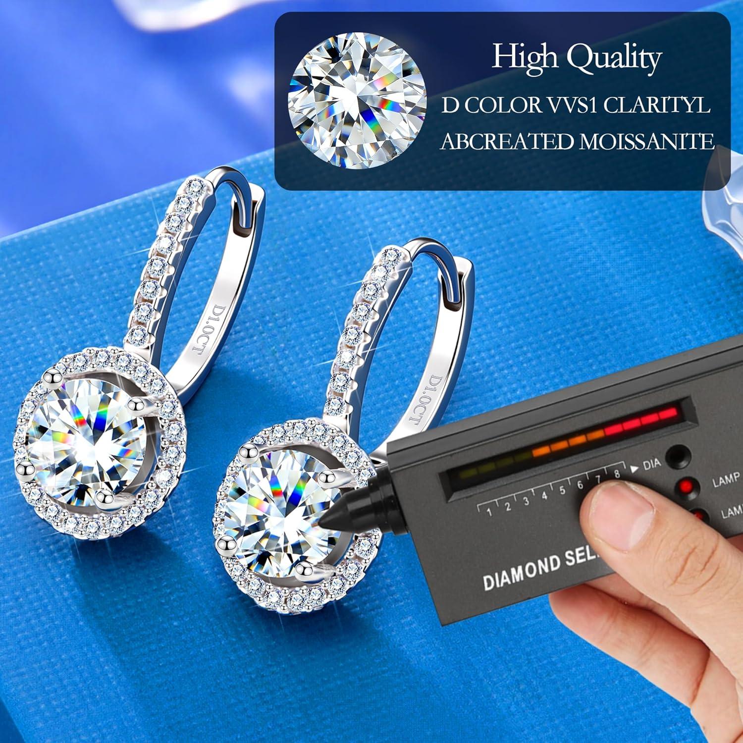 Moissanite Earrings, Hypoallergenic 925 Sterling Silver Dangle Earrings 2.0ct (1.0ct*2) Round Cut Lab Created D Color Moissanite Gold Hoop Drop Earring for Women(Silver-B)