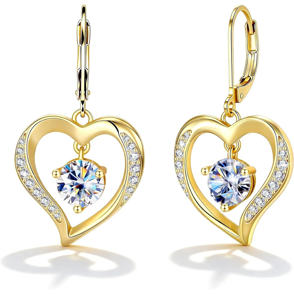 Moissanite Drop Earrings for Women Heart Diamond Dangle Earrings Gifts | 14K Gold /Silver Plated Trendy Hypoallergenic Heart Dangly Earrings, 2ct D VVS1 Round Moissanite, Jewelry Gift Box(Gold 2.0ct(1ct*2))