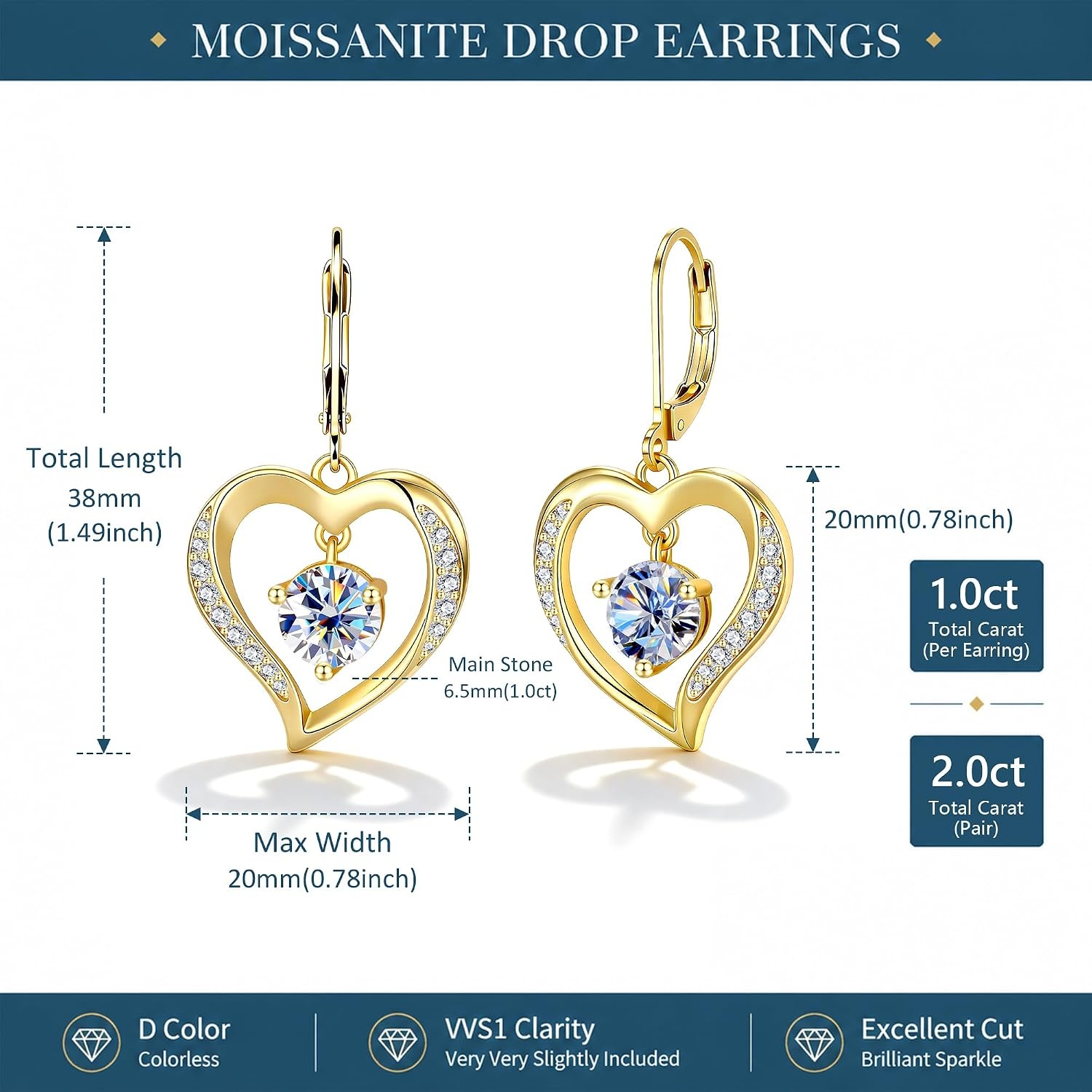 Moissanite Drop Earrings for Women Heart Diamond Dangle Earrings Gifts | 14K Gold /Silver Plated Trendy Hypoallergenic Heart Dangly Earrings, 2ct D VVS1 Round Moissanite, Jewelry Gift Box(Gold 2.0ct(1ct*2))
