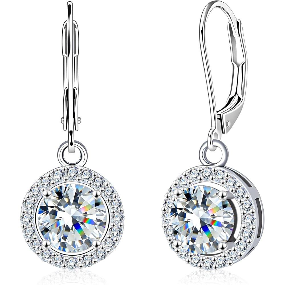 Moissanite Earrings, Hypoallergenic 925 Sterling Silver Dangle Earrings 2.0ct (1.0ct*2) Round Cut Lab Created D Color Moissanite Gold Hoop Drop Earring for Women(Silver-C)