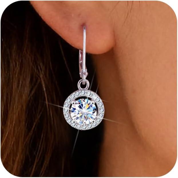 Moissanite Earrings, Hypoallergenic 925 Sterling Silver Dangle Earrings 2.0ct (1.0ct*2) Round Cut Lab Created D Color Moissanite Gold Hoop Drop Earring for Women(Silver-C)