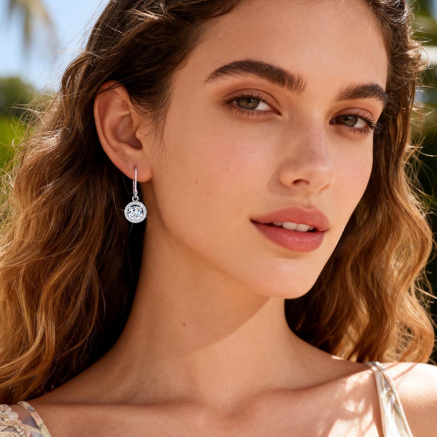 Moissanite Earrings, Hypoallergenic 925 Sterling Silver Dangle Earrings 2.0ct (1.0ct*2) Round Cut Lab Created D Color Moissanite Gold Hoop Drop Earring for Women(Silver-C)