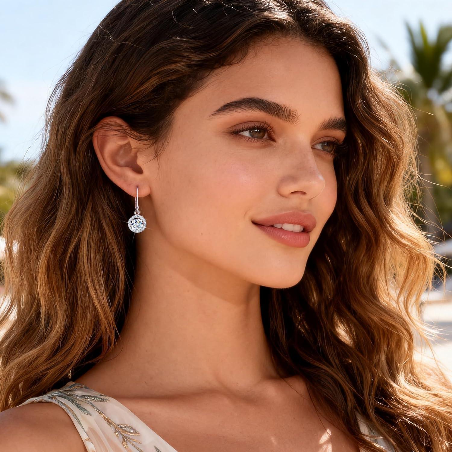 Moissanite Earrings, Hypoallergenic 925 Sterling Silver Dangle Earrings 2.0ct (1.0ct*2) Round Cut Lab Created D Color Moissanite Gold Hoop Drop Earring for Women(Silver-C)