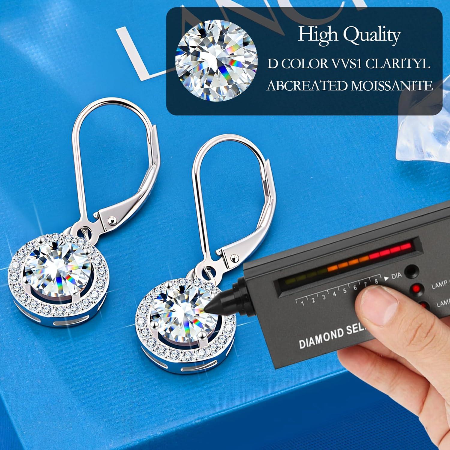 Moissanite Earrings, Hypoallergenic 925 Sterling Silver Dangle Earrings 2.0ct (1.0ct*2) Round Cut Lab Created D Color Moissanite Gold Hoop Drop Earring for Women(Silver-C)