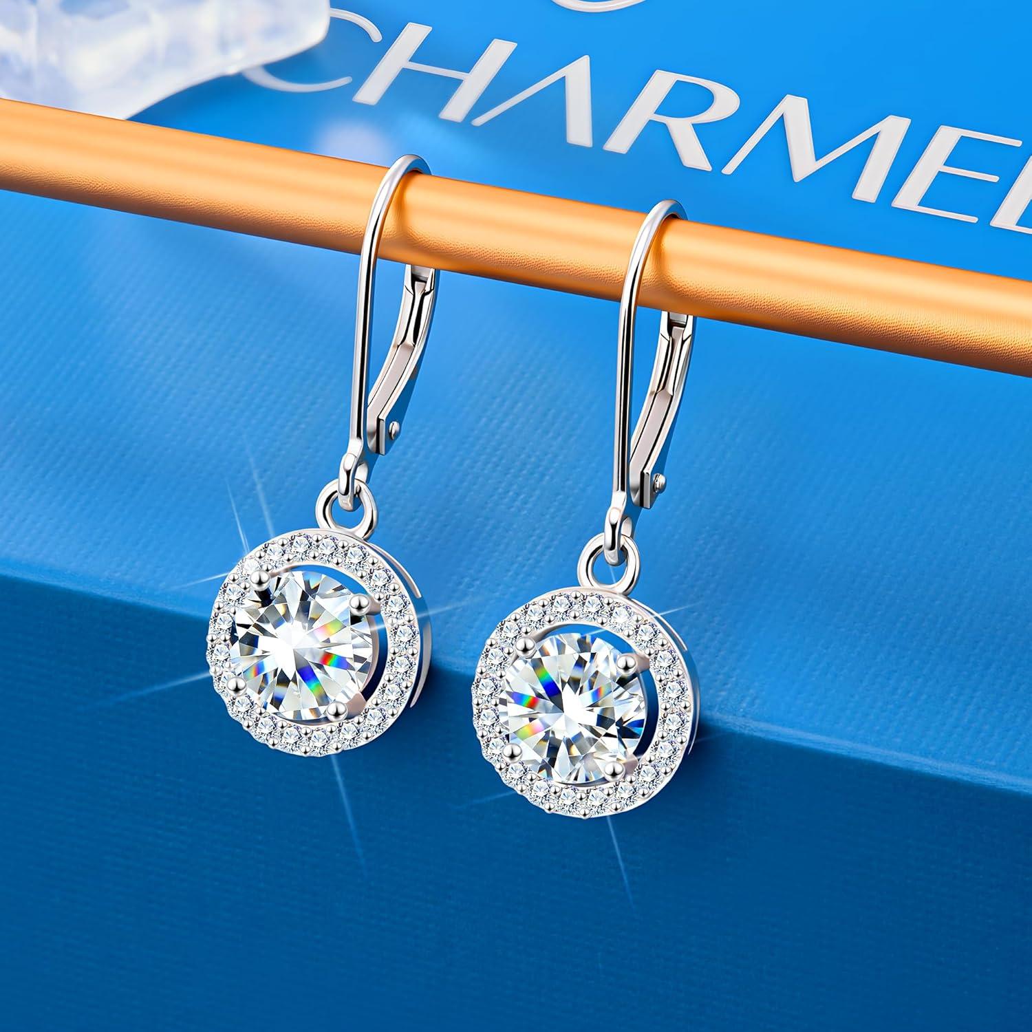 Moissanite Earrings, Hypoallergenic 925 Sterling Silver Dangle Earrings 2.0ct (1.0ct*2) Round Cut Lab Created D Color Moissanite Gold Hoop Drop Earring for Women(Silver-C)