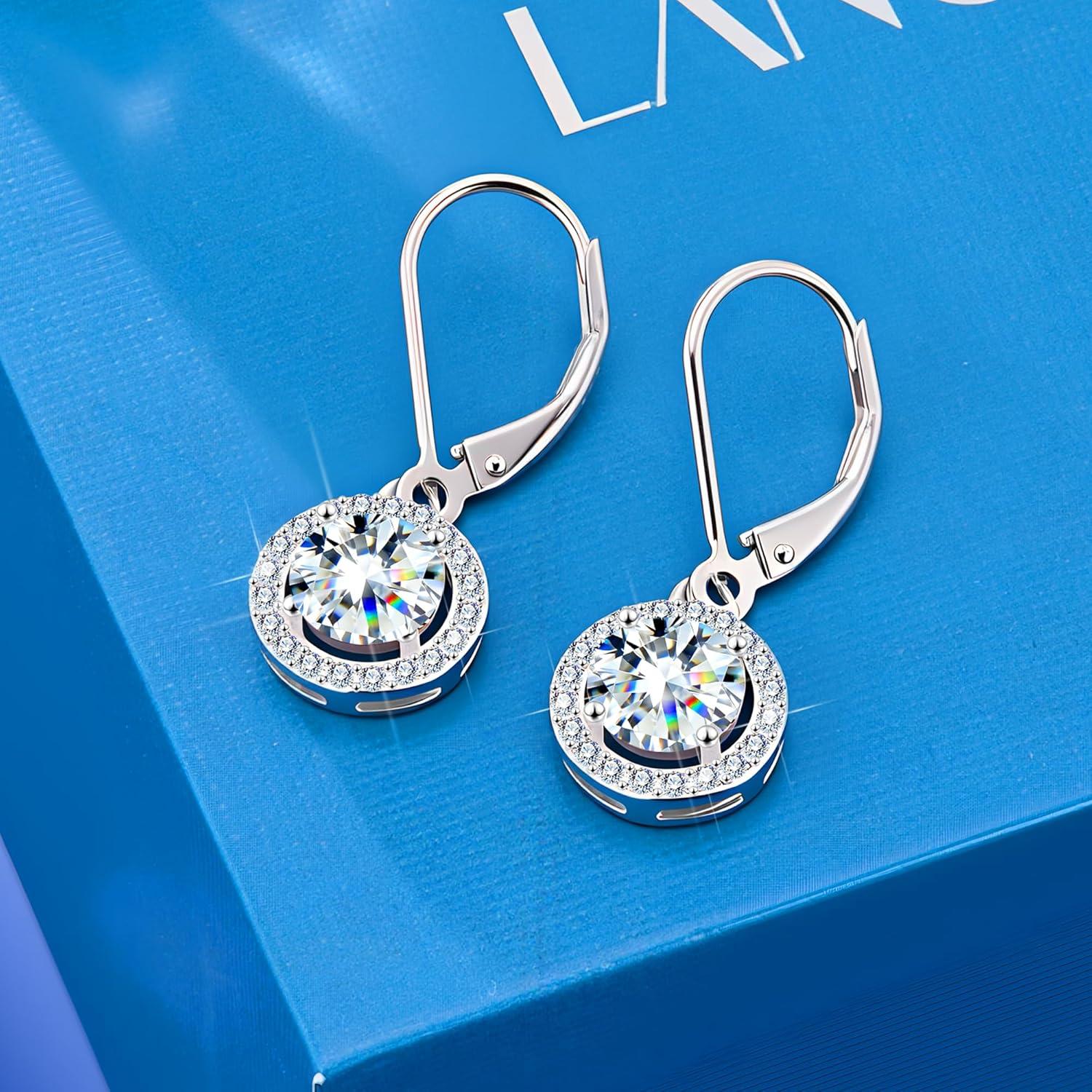 Moissanite Earrings, Hypoallergenic 925 Sterling Silver Dangle Earrings 2.0ct (1.0ct*2) Round Cut Lab Created D Color Moissanite Gold Hoop Drop Earring for Women(Silver-C)