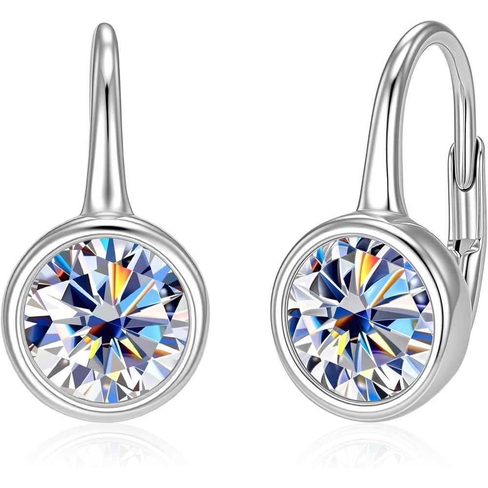 Moissanite Hoop Earrings for Women, 2ct D Color VVS1 Round Cut Bezel Drop Earrings, 14K Gold & White Gold Plated Hypoallergenic Leverback, Lab Created Diamond Jewelry Gifts(2.0ct 1 pair (1.0ct*2)-6.5mm-silver)