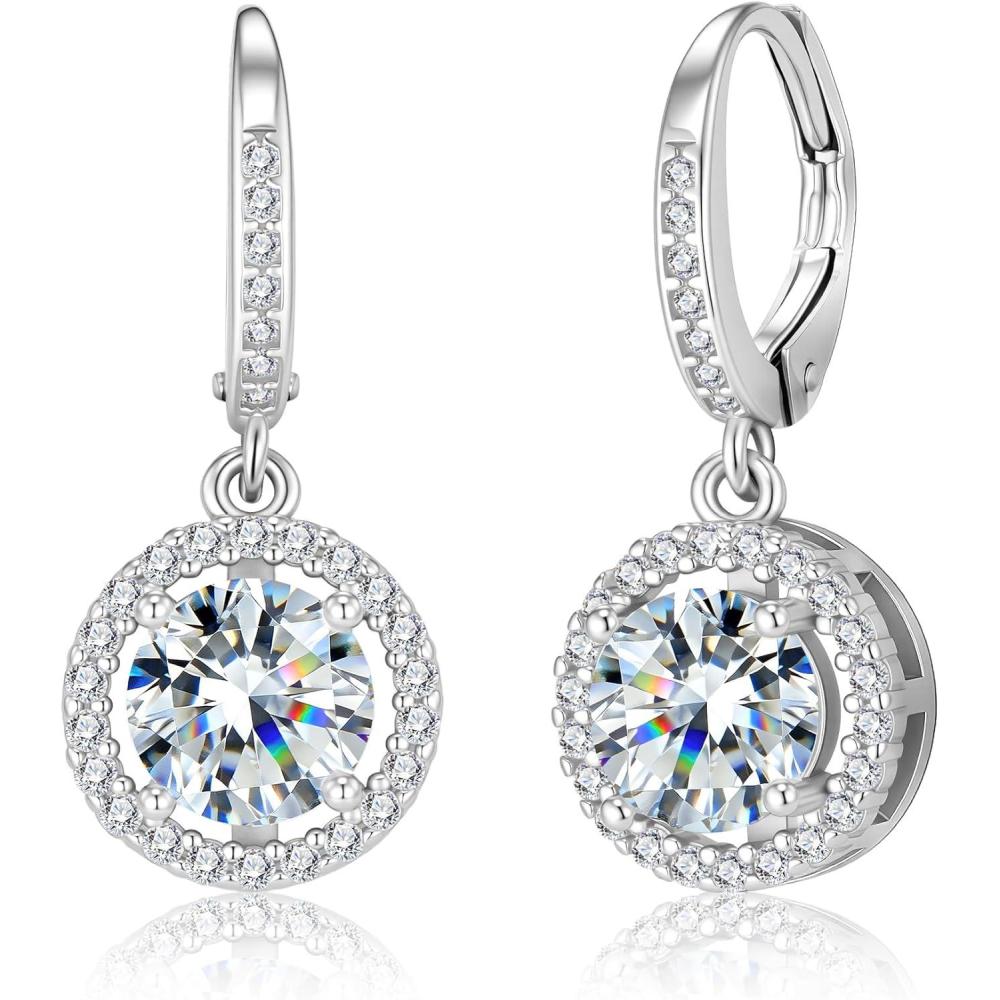 Moissanite Earrings, Hypoallergenic 925 Sterling Silver Dangle Earrings 2.0ct (1.0ct*2) Round Cut Lab Created D Color Moissanite Gold Hoop Drop Earring for Women(Silver-A)