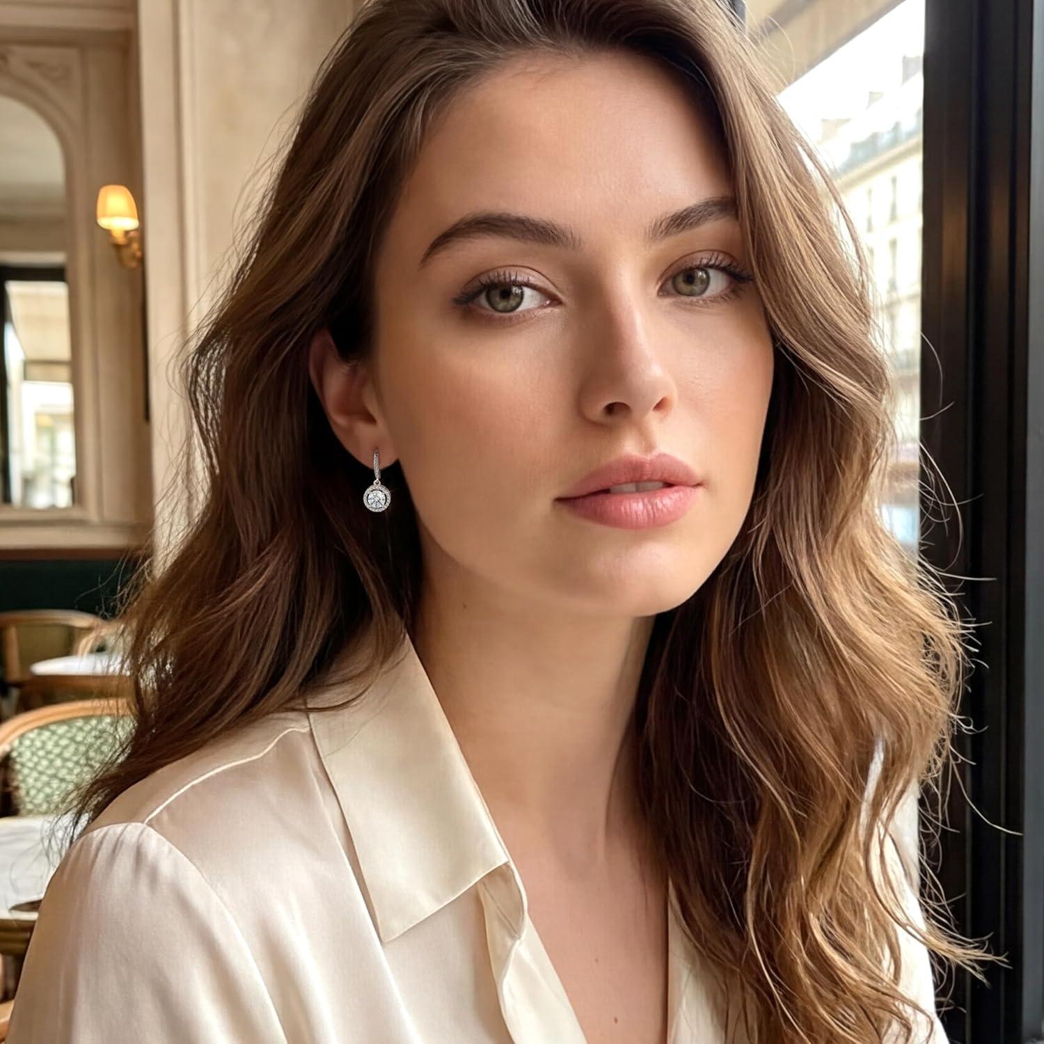 Moissanite Earrings, Hypoallergenic 925 Sterling Silver Dangle Earrings 2.0ct (1.0ct*2) Round Cut Lab Created D Color Moissanite Gold Hoop Drop Earring for Women(Silver-A)