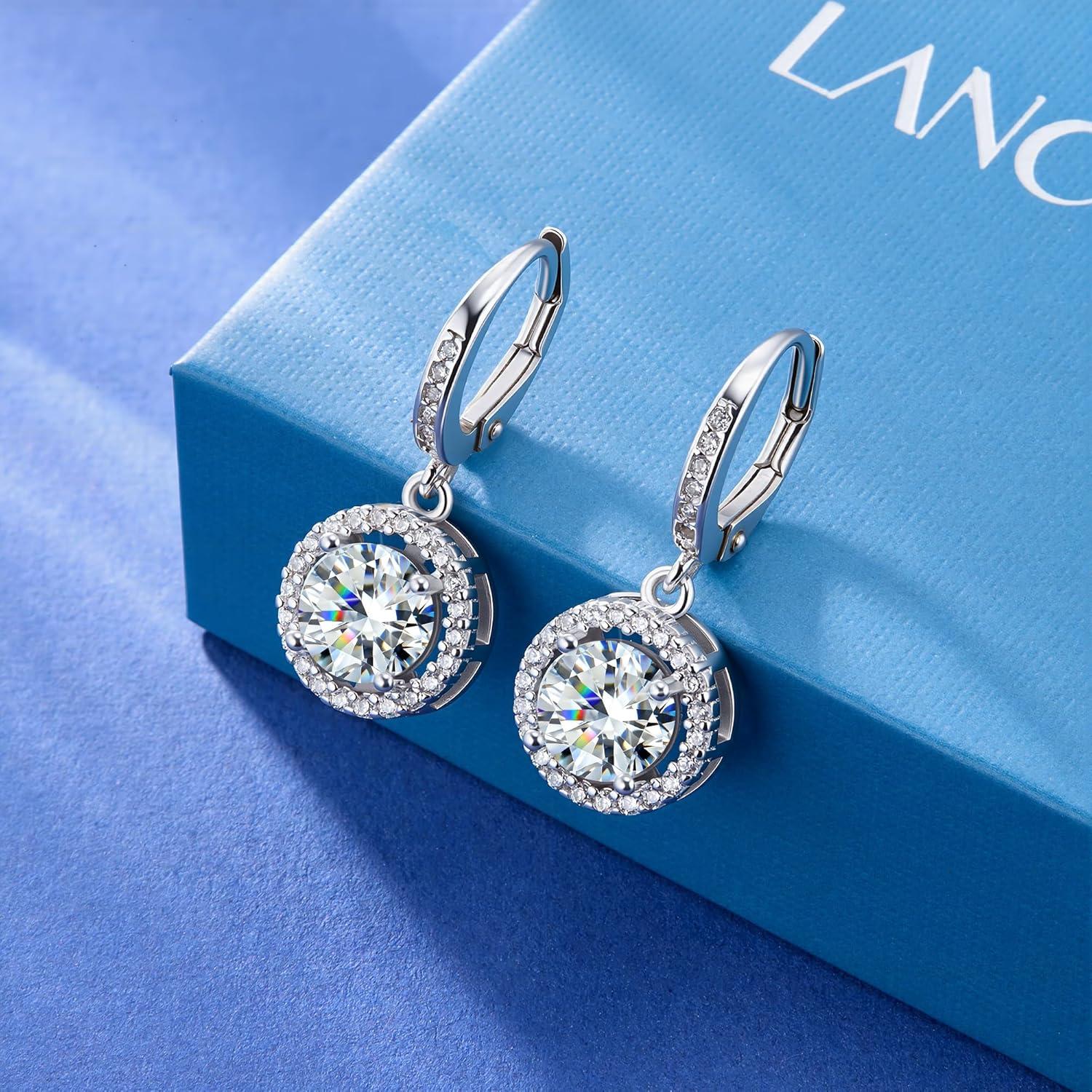 Moissanite Earrings, Hypoallergenic 925 Sterling Silver Dangle Earrings 2.0ct (1.0ct*2) Round Cut Lab Created D Color Moissanite Gold Hoop Drop Earring for Women(Silver-A)