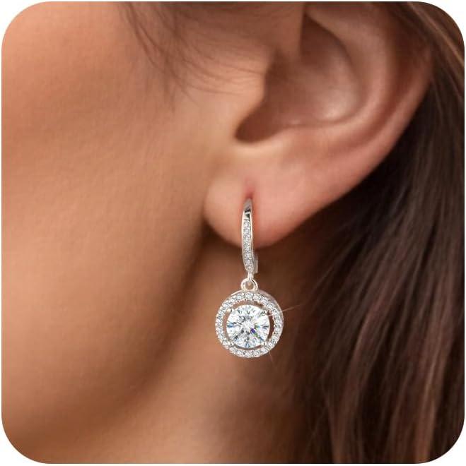 Moissanite Earrings, Hypoallergenic 925 Sterling Silver Dangle Earrings 2.0ct (1.0ct*2) Round Cut Lab Created D Color Moissanite Gold Hoop Drop Earring for Women(Silver-A)