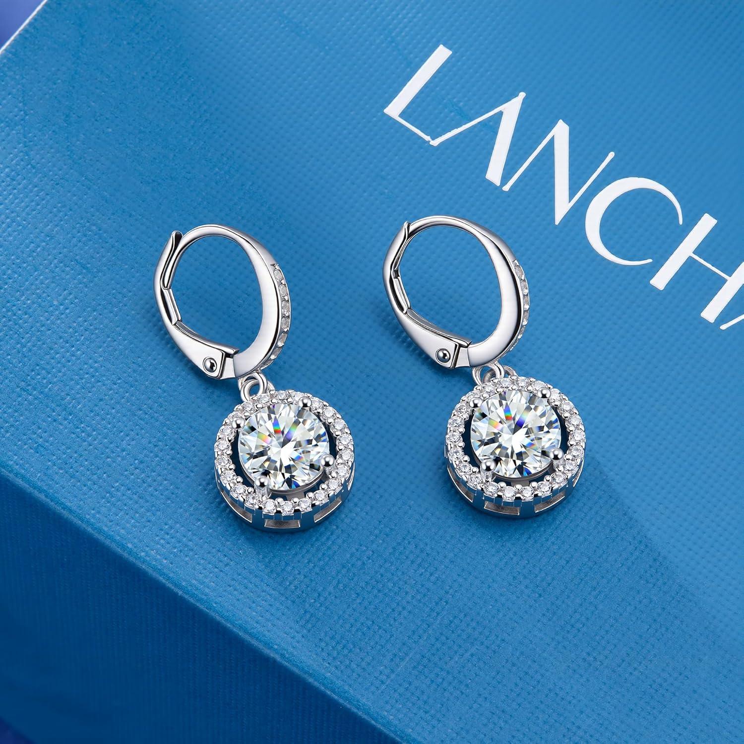 Moissanite Earrings, Hypoallergenic 925 Sterling Silver Dangle Earrings 2.0ct (1.0ct*2) Round Cut Lab Created D Color Moissanite Gold Hoop Drop Earring for Women(Silver-A)